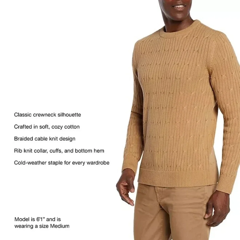 Express Mens Cable Knit Sweater XL Pecan Brown Cotton Crew Neck Pullover